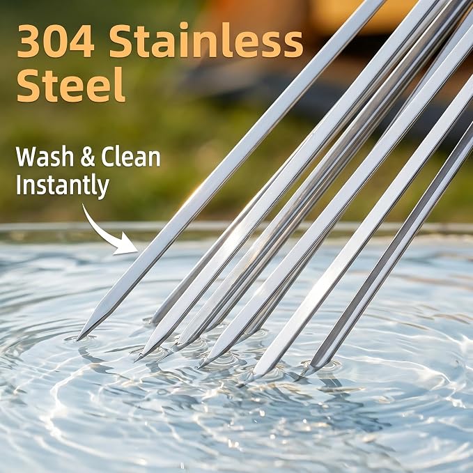 25 Pack Flat Non-Slip Stainless Steel Skewers | 13.5 Inch Length, Anti-roll Food Locking Design, Bend Resistant Thick Steel with Storage Tube for Grilling Kabobs