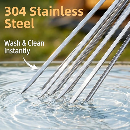 25 Pack Flat Non-Slip Stainless Steel Skewers | 13.5 Inch Length, Anti-roll Food Locking Design, Bend Resistant Thick Steel with Storage Tube for Grilling Kabobs