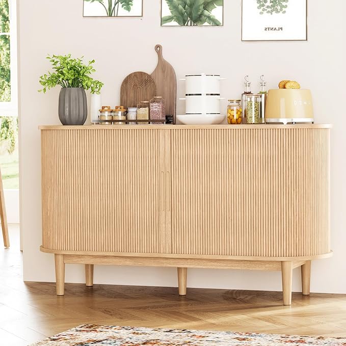 LINSY HOME 55" Sideboard Buffet Cabinet,Tambour Sliding Doors & Drawer | Oak Fluted Coffee Bar Cabinet with Large Storage, Mid Century Modern Wood Storage Buffet Table for Kitchen, Living Room