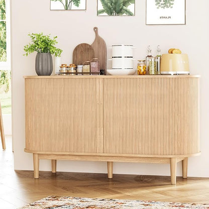 LINSY HOME 55" Sideboard Buffet Cabinet,Tambour Sliding Doors & Drawer | Oak Fluted Coffee Bar Cabinet with Large Storage, Mid Century Modern Wood Storage Buffet Table for Kitchen, Living Room