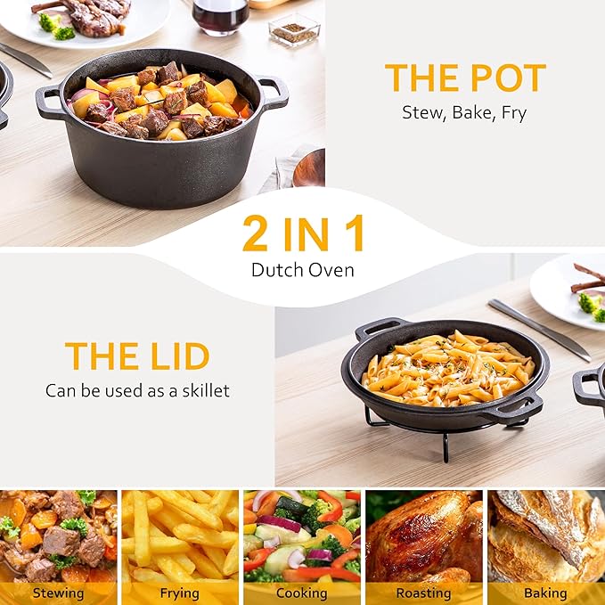 Velaze Cast Iron Dutch Oven with Skillet Lid, 2-in-1 Pre-Seasoned, 5QT | Dual Handles,for Bread Baking,Frying,Camping,Home Cooking Use,Non Stick Finish,Oven,Grill,Includes Tripod,Lid as Cooking Pan