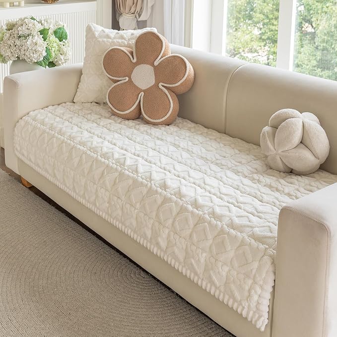 OstepDecor Couch Cover for Dogs, Washable Non Slip Sofa Cover for Pets | Soft Couch Covers for Sofa, Loveseat and Sectional, Furniture Protector Against Pet Hair & Dirt (35.4" x 70.9", Cream)