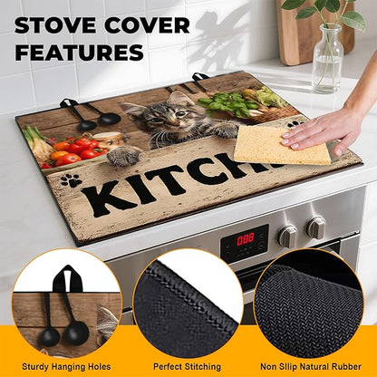 Stove Top Cover Retro Flower Gas Stove Top Cover for Home Decoration Kitchen Pad Non-Stick Washable Cooktop Covers Countertop Protector Keep Stove Clean 28"x20" (Kitchen cat)