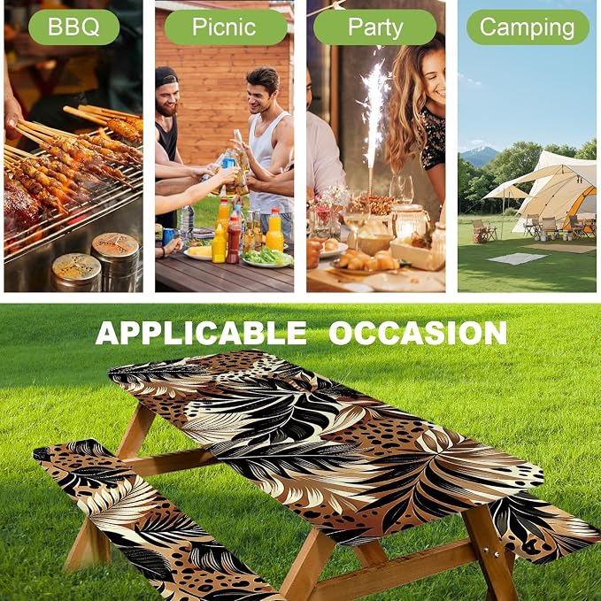 FOREVER QUEEN Picnic Table Cover with Bench Covers 72in,Waterproof Windproof Fitted Tablecloth,Leopard Print with Tropical Leaves Camping Essentials with Drawstring Bag for Patio,Park & Backyard