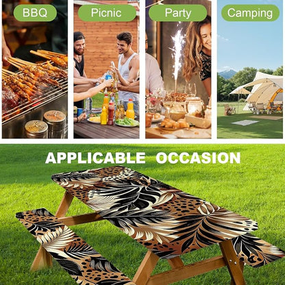 FOREVER QUEEN Picnic Table Cover with Bench Covers 72in,Waterproof Windproof Fitted Tablecloth,Leopard Print with Tropical Leaves Camping Essentials with Drawstring Bag for Patio,Park & Backyard