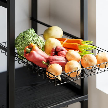 IRONCK Bakers Rack with Cabinet and Power Outlet, Coffee Bar, Vintage Black | Built-In Power Outlet. 45.3-inch countertop fits microwaves. 2 Cabinets, open shelves, hooks, P2 MDF. Anti-tip.