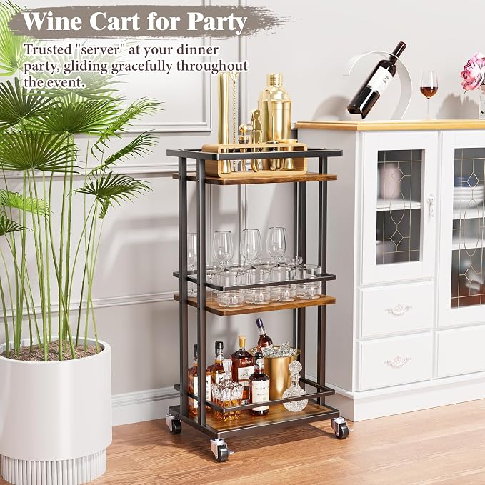OKZEST 3-Tier Bar Cart for Home, Mini Rolling Liquor Cabinet & Serving Cart | Small alcohol coffee bar cart for party, Holds wine, liquor, beverage, glassware, shaker, coffee supplies, Rustic farmhouse