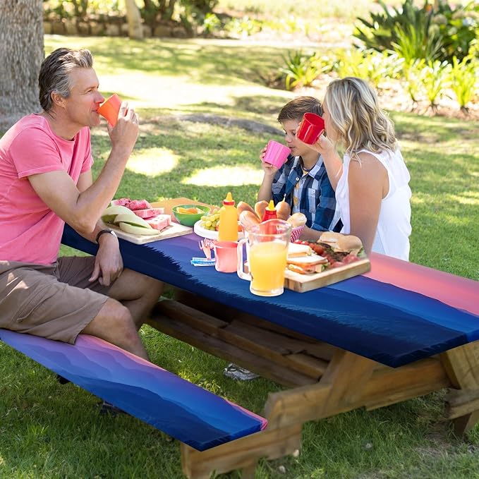 Picnic Table Cover with Bench Covers, Nature, 3PCS, 72 Inch | Full Elastic Edge Camping Tablecloth Waterproof Wipeable RV Outdoor Patio Park Essentials Drawstring Bag