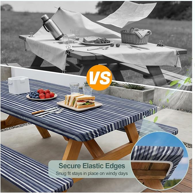 Picnic Table Cover Bench Covers Camping Essentials Tablecloth | Waterproof Vinyl for Outdoor, Windproof Elastic Fitted Edges, RV BBQ Accessories Must Haves, Storage Bag Included