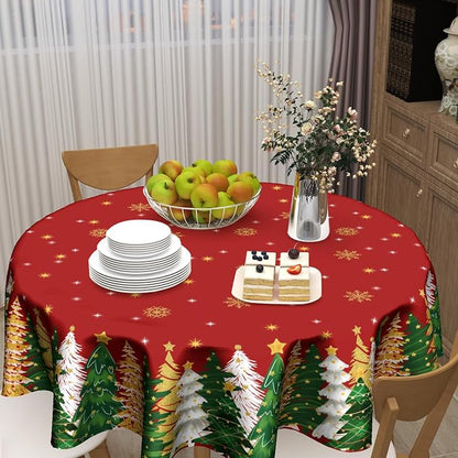 Sweetshow Xmas Trees Red Tablecloth 60 Inch Decor | Winter Gold Snowflake Table Cloth Round Washable Stain and Wrinkle Resistant Round Table Cover for Dining Picnic