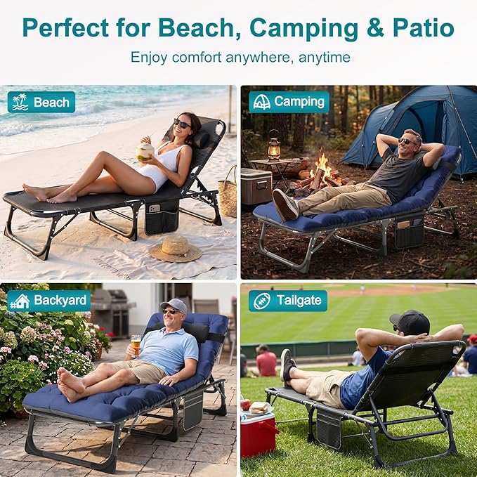 ABORON 2PK Heavy Duty Tanning Chair, 5-Gear Outdoor Folding Chaise Lounge Chair with Cushion, Portable Beach Lounge Chair for Outdoor Sunbathing, Patio, Pool, Lawn, Deck, Poolside