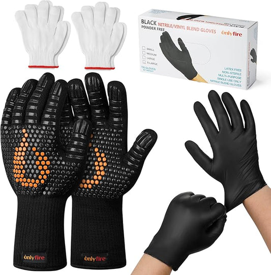 onlyfire 1472°F Heat Resistant BBQ Grill Gloves 4 Reusable Nylon Liners + 100 Disposable Nitrile Gloves Anti-Slip Oven Gloves for Hot Food, Handling Meat Shredding, Grill Cleaning
