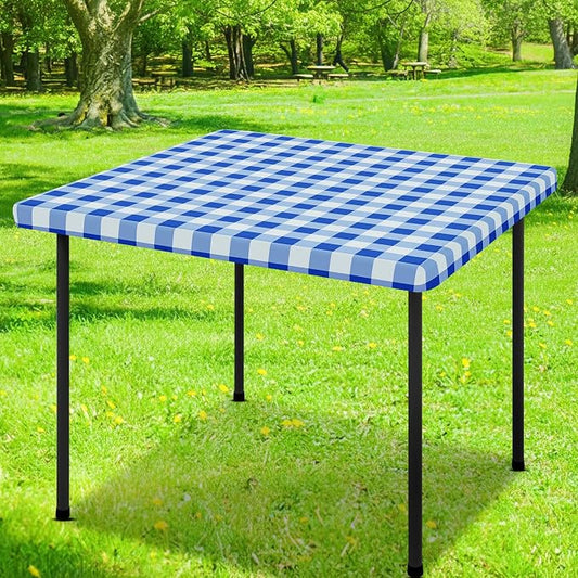 Smiry Square Picnic Table Cloth, Elastic Waterproof Fitted Vinyl Tablecloths, Flannel Backed Buffalo Plaid Table Covers for Dining, Camping, Outdoor (White and Blue, 42" x 42")
