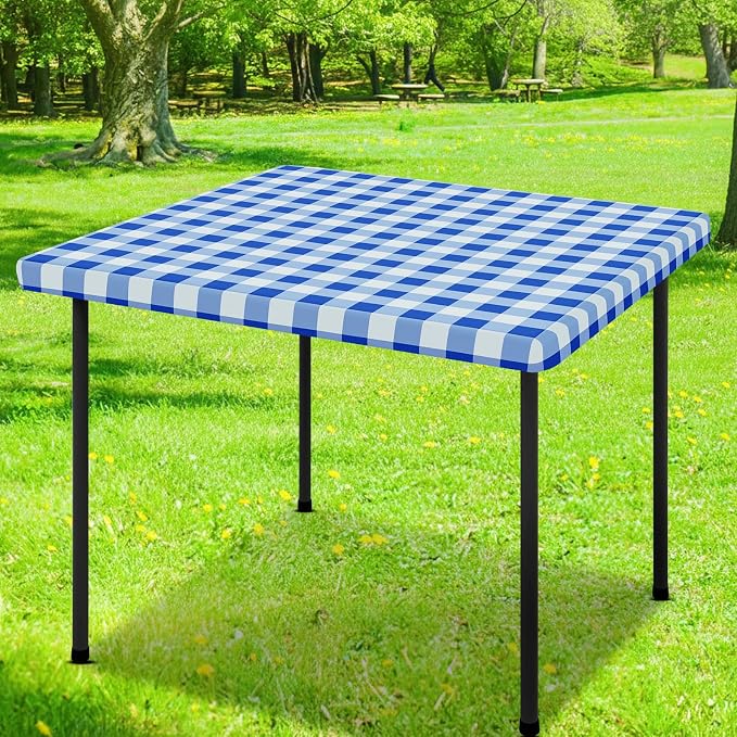 Smiry Square Picnic Table Cloth, Elastic Waterproof Fitted Vinyl Tablecloths, Flannel Backed Buffalo Plaid Table Covers for Dining, Camping, Outdoor (White and Blue, 36" x 36")