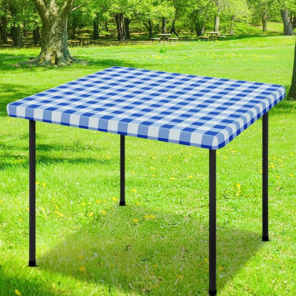 Smiry Square Picnic Table Cloth, Elastic Waterproof Fitted Vinyl Tablecloths, Flannel Backed Buffalo Plaid Table Covers for Dining, Camping, Outdoor (White and Blue, 36" x 36")