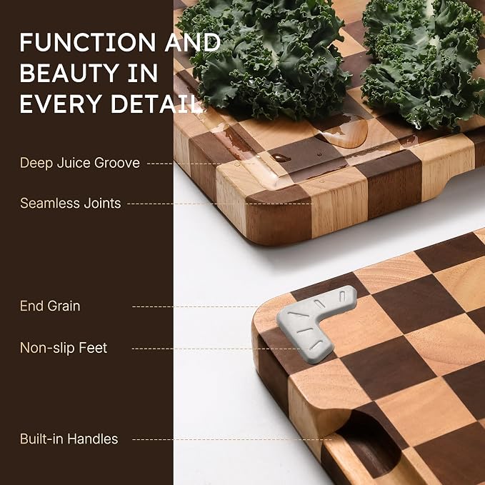 Cutting Boards for Kitchen Checkered Cutting Board 20in Acacia Wood Charcuterie Board Serving Heavy Duty Non Toxic Slip Over Sink Butcher Block Wood Chopping Board with Juice Grooves Handles