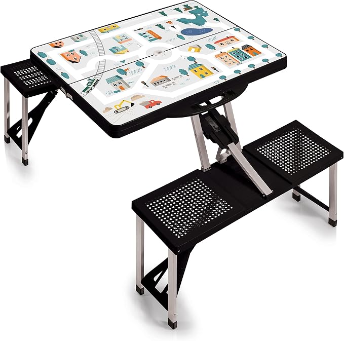 Picnic TIME Portable Folding Picnic Table with Seats for 4, Collapsible Aluminum Table with Benches & Umbrella Hole, Lightweight Foldable Table for Camping, Travel, Backyard, Tailgating | with Umbrella Hole