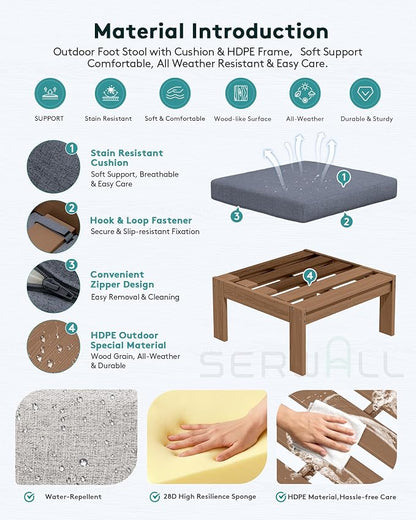 SERWALL Outdoor Ottoman with Cushions for Sofa Set, Brown HDPE Frame with Gray Cushions
