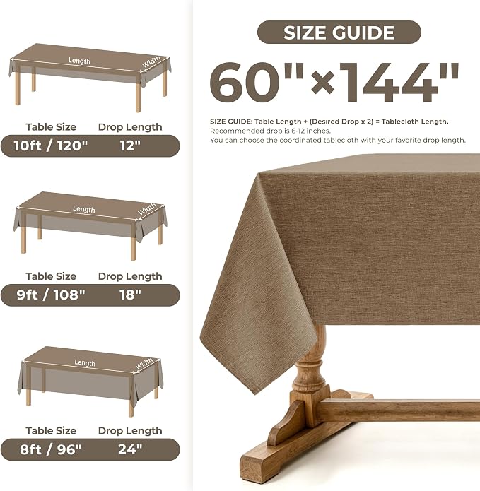 Decorelia Faux Linen Farmhouse Table Cloth 60"x144" for 10 ft Rectangle Table, Coffee Waterproof Outdoor Washable Tablecloth for Rectangular Dining Room Kitchen Outdoor Party Restaurant Table