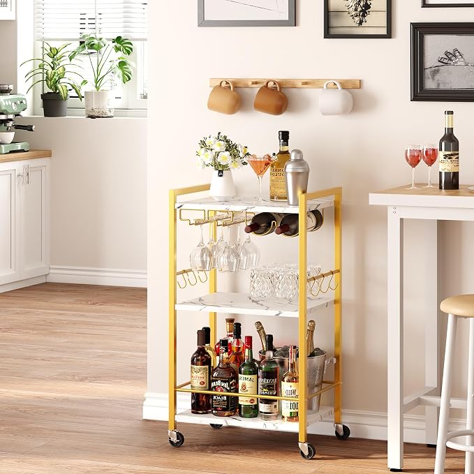TUTOTAK Bar Cart with Wheels, Mini Drink Cart with Wine Rack & Glass Holder | 3-Tier 17 Inch Wide Home Bar Serving Carts, Small Mobile Kitchen Shelf with 6 Hooks, Marble Gold BC01BMG035