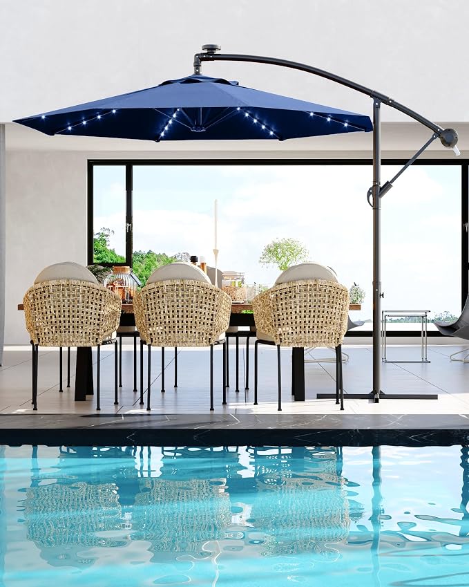 15FT Outdoor Patio Umbrella,Double-Sided Rectangle Market Umbrella with 36 LED Solar Lights & Base,UV50+ Weather-Resistant Oversized Outdoor Umbrella,Crank Lift,3-Way Shade for Pool,Garden,Backyard