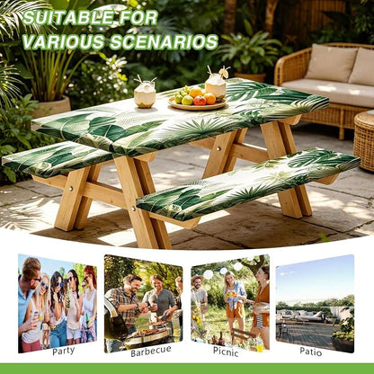 JAWO Picnic Table Cover with Bench Covers and Bag, Tropical Plant Leaves Rv Essentials, Waterproof Windproof Fabric, Fitted Tablecloth Cover with Elastic Edge, 3 PCS, 30x60 Inch