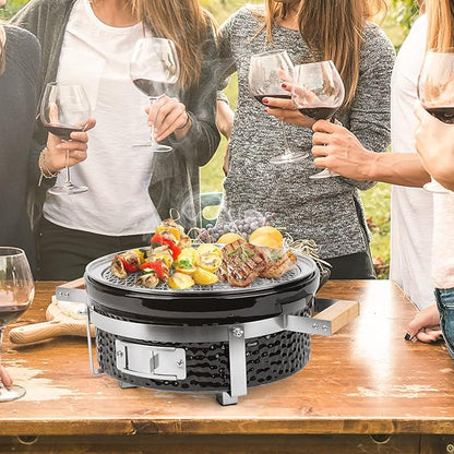 ONLYFIRE GRILLS Ceramic Hibachi Charcoal Grill with Grid Lifter, 14" Portable BBQ Yakitori Grill with Stainless Steel Grate for Outdoor Patio Backyard Barbecue Cooking, GS305