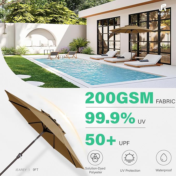 JEAREY 9' 2-Tiers Patio Umbrellas Outdoor Table Market Umbrella w/Push Button Tilt/Crank, 8 Sturdy Ribs, UV Protection Waterproof Sunproof(Tan)