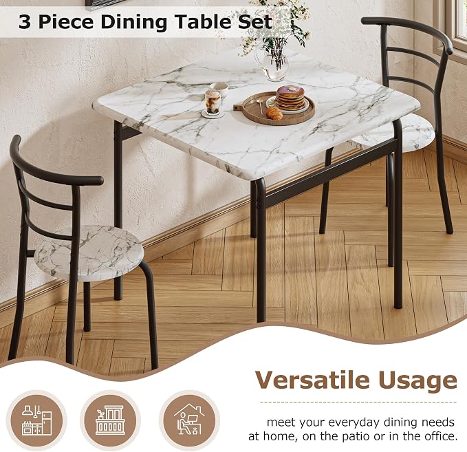 VECELO 3-Piece Dining Table Set for Kitchen Breakfast Nook, Faux Marble Square Tabletop and Metal Frame, for Small Spaces, White & Black