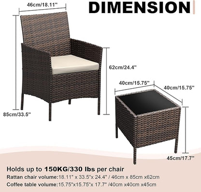 GarveeLife 3 Pieces Patio Furniture Set, Outdoor Furniture Sets with Cushions and Tempered Glass Table for Porch & Garden, Brown Wicker/Beige Cushions