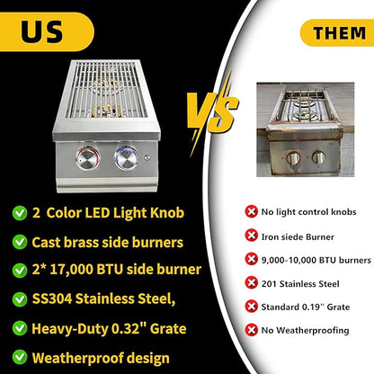 Double Side Burners for Outdoor Grill, Heavy-Duty 304 Stainless Steel, Built-in Side Burners with LED for Outdoor Kitchen BBQ Island, 2x17,000BTU Natural Gas Side Burner Convertible to Liquid Propane