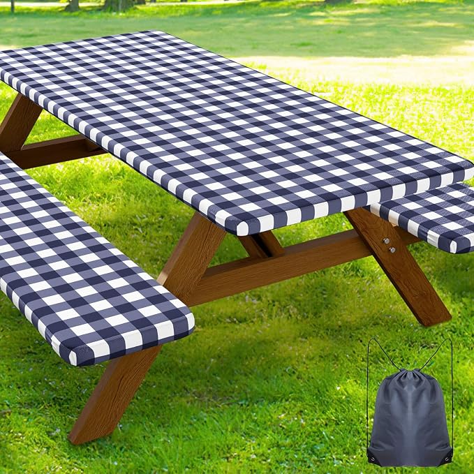 Smiry Picnic Table Cover with Bench Covers, Waterproof Elastic Fitted Tablecloths for 5 Foot Rectangle Tables, Washable Buffalo Plaid Tablecloth for Camping, Outdoor (Navy & White, 30"x60")