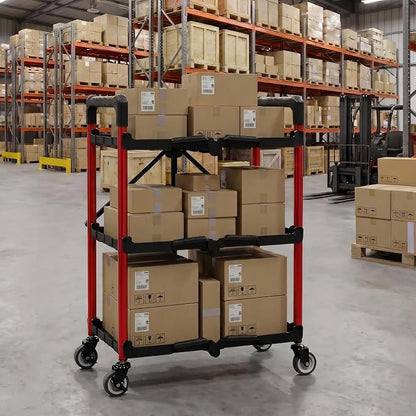 WORKPRO 3-Tier Collapsible Utility Cart, 210 LBS Cart with Wheels | No Assembly Required, Foldable Service Cart with Spacious Shelves for Garage, Warehouse, Office & Home Use, Black/Red