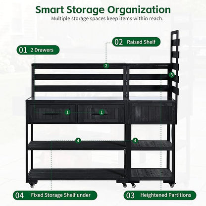 GDFStudio Elshire Patio Kitchen Island Cart with Storage, Wooden Outdoor Storage Cabinet with Stainless Steel BBQ Prep Table Top, Drawers, Raised Shelf and Lockable Wheels, Garden Potting Bench, Black