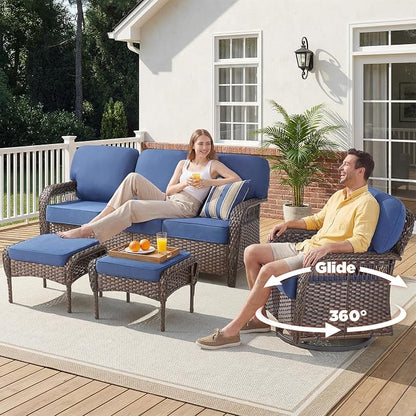 Belord Luxury Outdoor High Back Couch with Ottoman, All-Weather Wicker 3-Seater Sofa, 3 Piece Patio Conversation Furniture Set,Blue