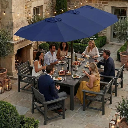 Kingdura 15ft Large Patio Umbrella with Base Included, Double-Sided Rectangle Outdoor Table Umbrella with 12 Reinforced Ribs, Crank Lift for Market Pool Deck Backyard, Navy blue