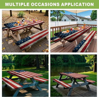 ANNA QUEEN Patriotic American Flag 6FT Picnic Table Cover with Bench Covers Set of 3 with Drawstring Bag, USA Flag 72"x30" Waterproof Picnic Tablecloth & Bench Covers for Outdoor BBQ