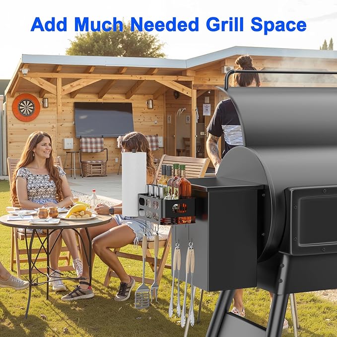 Storage Bin for Traeger Smoker Grill Caddy with Paper Towel Holder and Hooks and Anti-Scratch Pads, Traeger Accessories Compatible with Traeger, Pit Boss, Z-Grills, Grill Accessories for Outdoor Grill