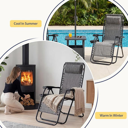 Sweetcrispy Zero Gravity Chairs, Set of 2 Portable Recliner Beach Camping Patio Outdoor Folding Lounge Chair with Cup Holder Trays and Adjustable Pillow for Poolside, Garden, Backyard, Lawn, Grey