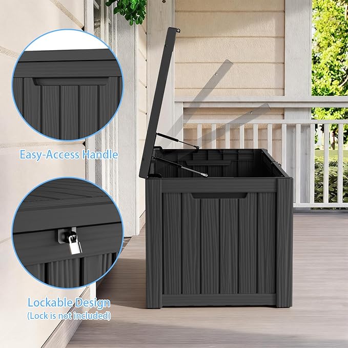 Pepe Tee Waterproof Resin Deck Box, Outdoor Storage Bin for Patio Furniture Cushions, All-Weather Garden Organizer & Seating Bench, Black