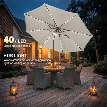 Solar Patio Umbrella with Centre Light, 10 ft Taupe | 40 LED Lights, UV Protection, Solar Outdoor Umbrella for Porch, Deck, Pool, Table, Garden, Provides Evening Lighting