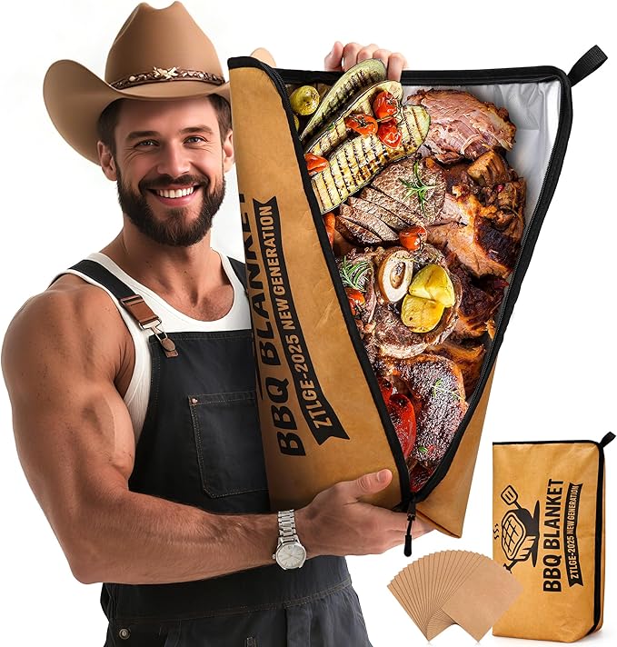 BBQ Blanket for Resting Meat - 21" Reusable Leakproof 5-Layer Insulated Smoker Bag with 20 Butcher Papers, Smoker Accessories & Gifts for Dad (Turkey, Pork, Beef)