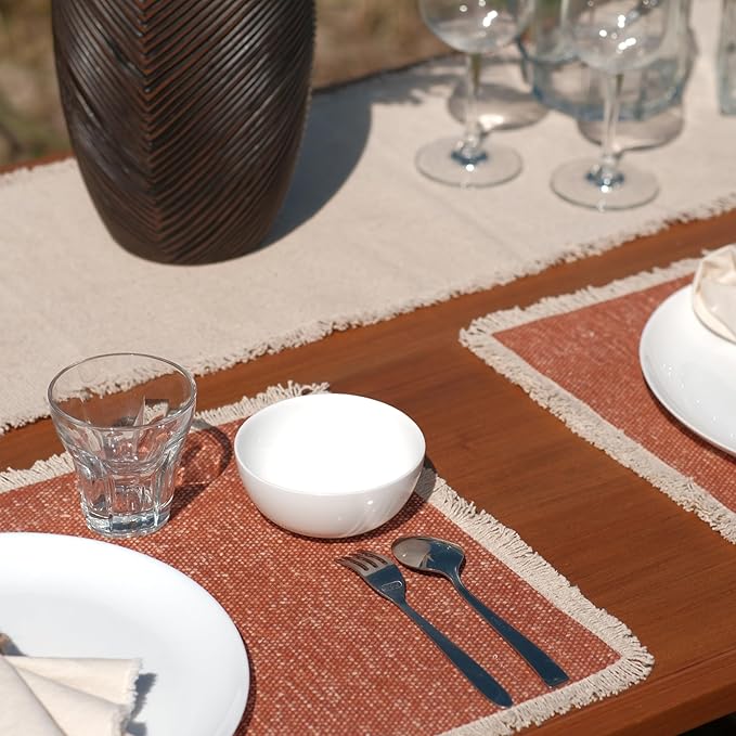 Hausattire Cotton Frayed Placemats Set of 6 Dining Table 13x19 Inch | Rustic Harvest Boho Washable Easter Placemat for Outdoor Parties BBQ's Holiday, Special Occasions, Nubby Cotton - Rust
