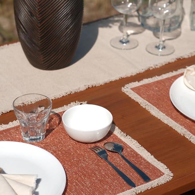 Hausattire Cotton Frayed Placemats Set of 4 Dining Table 14x14 Inch | Rustic Harvest Boho Washable Easter Placemat for Outdoor Parties BBQ's Wedding, Holiday, Nubby Cotton - Rust