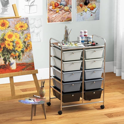 HOMGX Rolling Cart with 10 Drawers, 10 Tiers Multicolor Trolley, Drawer Bin Carts with 2 Lockable Wheels, Adjustable File & Debris Organizer Cart, Rolling Storage Cart for Office, School, Home
