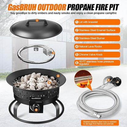 GasBRUH 19″ Outdoor Portable Propane Fire Pit with Grill Grate, Cover&Carry Kit,Fireplace,60,000 BTU Camping Propane Firepit,Portable Gas Fire Pit for Outside Patio,Camping,RV,Smokeless Gas Firebowl