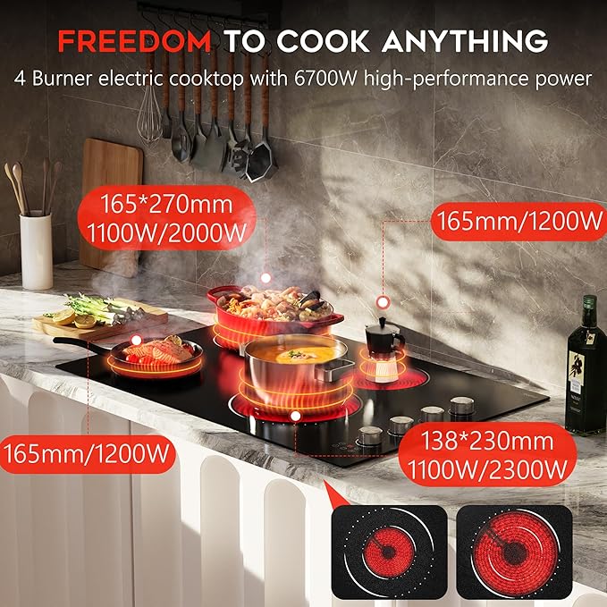 Electric Cooktop 30 Inch Hobsir, 4 Burner Electric Stove Top 6700W, Dual-Ring Burner & Oval Burner, 9 Power Level, 30 Inch Cook top with Safety Lock, Timer, Silver Knob