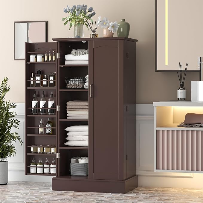 kepptory 47" Freestanding Kitchen Pantry Cabinet with Adjustable Shelves | Magnetic Doors & Anti-Tip Device, Storage Cupboard for Kitchen Laundry Living Room, Walnut
