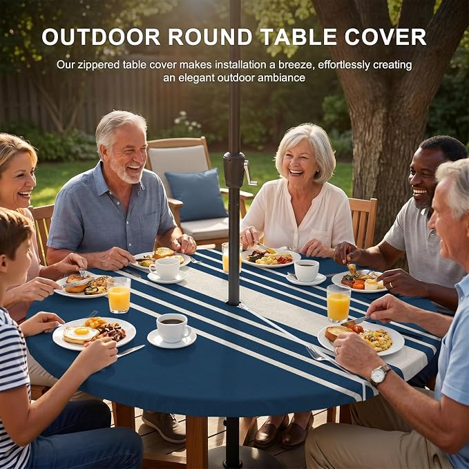 Outdoor Fitted Tablecloth with Umbrella Hole and Zipper, Navy Blue Beige Striped Elastic Round Patio Table Cover, Farmhouse Retro Lines Modern Table Protector for Backyard BBQ Party 55''-60''