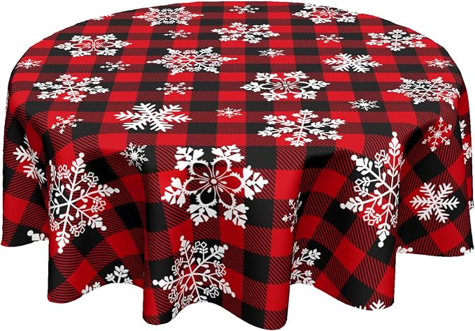 Sweetshow Christmas Round Tablecloth 70 Inch Red Black Buffalo Plaid Tablecloth Waterproof Polyester Xmas Winter Snowflake Table Cloth Table Cover for Kitchen Dining Room Picnic Patio Party
